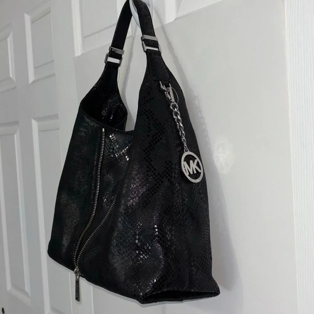 NEW MK Michael Kors Newman python black leather embossed purse bag tote